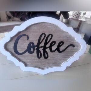 Farm house coffee bar sign. 16in.
Black on  brown with weathered white, frame.